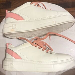 Salvatore Ferragamo White Leather Platform Sneakers with Pink Accents